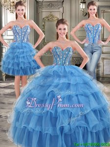 Pretty Blue Ball Gowns Organza Sweetheart Sleeveless Beading and Ruffled Layers Floor Length Lace Up Sweet 16 Dresses