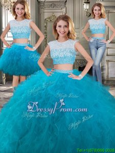 Ideal Beading and Ruffles Quinceanera Dresses Teal Backless Cap Sleeves Floor Length