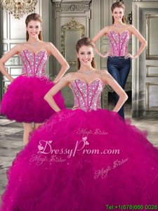 Dynamic Fuchsia Ball Gowns Sweetheart Sleeveless Tulle Floor Length Lace Up Beading and Ruffles Vestidos de Quinceanera