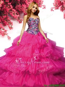 Sweet Floor Length Fuchsia Quince Ball Gowns Organza Sleeveless Spring and Summer and Fall and Winter Beading and Ruffled Layers