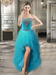 Teal Evening Dress Prom and Party and For with Beading and Ruffles Sweetheart Sleeveless Lace Up
