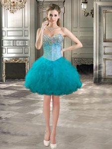 Stylish Sleeveless Mini Length Beading and Ruffles Lace Up Prom Gown with Teal