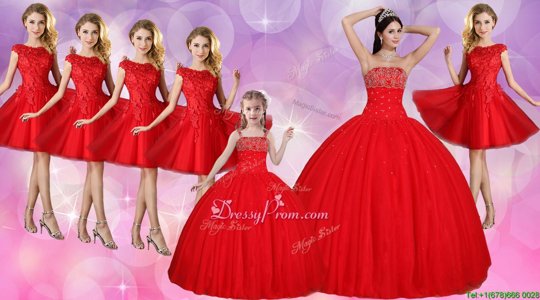 Top Selling Red Ball Gowns Tulle Strapless Sleeveless Beading Floor Length Lace Up Quinceanera Gown