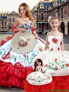 White And Red Ball Gowns Sweetheart Sleeveless Organza Floor Length Lace Up Embroidery Sweet 16 Quinceanera Dress