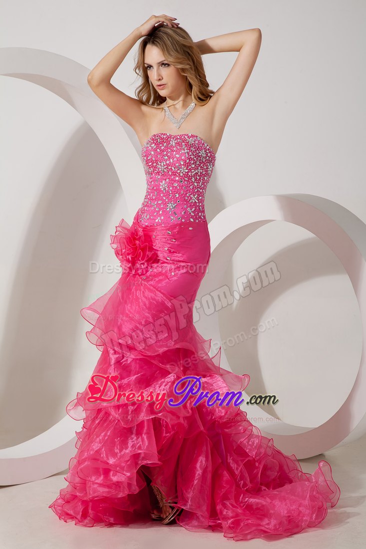 Hot Pink  Mermaid  Brush Ruffles Prom  Evening Dress  Beaded