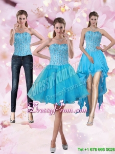 2015 Puffy Aqua Blue Strapless Short Prom Skirts with Beading