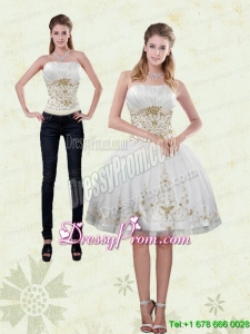 2015 Pretty Strapless Knee Length White Prom Skirts with Appliques