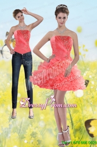 Fashionable 2015 Watermelon Red Strapless Prom Dresses with Beading and Ruffles