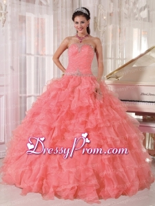 A-line Strapless Floor-length Organza Beading Fabulous Quinceanera Dress with Watermelon Red