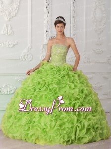 Ball Gown Strapless Organza Yellow Green Cheap Quinceanera Dress with Beading