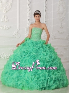 Green Strapless Organza Fabulous Quinceanera Dress with Beading