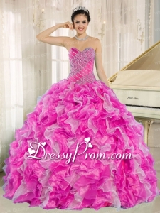 Hot Pink Beaded and Ruffles Custom Made For 2013 Cheap Quinceanera Dress