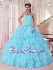 Light Blue Ball Gown Strapless Ruffles Organza Beading Latest Quinceanera Dress