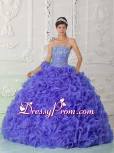 Organza Blue Exclusive Quinceanera Dress with Ball Gown Strapless Beading