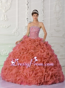 Rust Red Strapless Organza Beading and Ruffled Elegant Quinceanera Dress