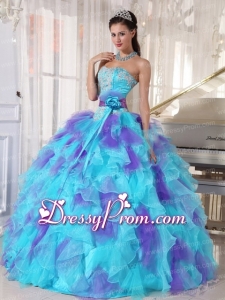 2014 Aqua and Purple Organza Appliques Decorate Modern Quinceanera Dress