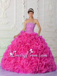 Ball Gown Strapless Organza Hot Pink Stylish Quinceanera Dress with Beading and Ruffles