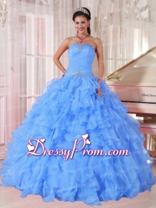 Ball Gown Strapless Ruffles and Beading Floor-length Organza Beading Blue Modern Quinceanera Dress