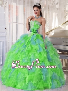 Spring Green and Blue Organza Appliques and Ruffles Stylish Quinceanera Dress