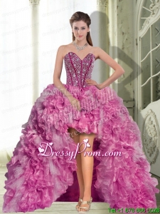 Dynamic High Low Beading and Ruffles 2015 Dama Dresses