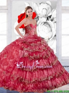 2015 Fabulous Appliques and Ruffles Quinceanera Dressees in Coral Red