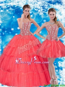 2015 Fabulous Beading and Ruffled Layers Sweetheart Quinceanera Dresses in Coral Red