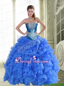 Fabulous Beading and Ruffles Strapless Blue Quinceanera Dresses for 2015 Spring