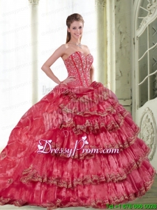 2015 Coral Red Exclusive Quinceanera Gowns with Pick Ups and Ruffled Layers