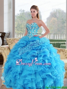 2015 Sweetheart Baby Blue Exclusive Quinceanera Gowns with Beading and Ruffles