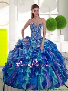 Remarkable Beading and Ruffles Sweetheart 2015 Sweet 15 Dresses in Multi Color