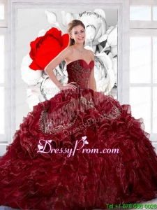 Elegant Sweetheart Wine Red 2015 Quinceanera Dress with Appliques and Ruffles