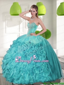 Modern Beading and Ruffles Strapless Aqua Blue Quinceanera Dresses for 2015