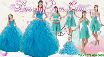 2015 Cheap Teal Sweetheart Quinceanera Dress and Ruching and Beading Short Prom Dresses and Halter Top Ruffles Little Girl Dress