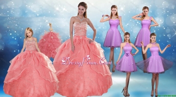 Perfect Beading Floor Length Quinceanera Dress and Short Ruching Prom Dresses and Watermelon Halter Top Little Girl Dress