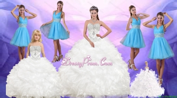 Ruffles and Beading White Quinceanera Dress and Baby Blue V Neck Dama Dresses and White Pageant Dresses for Little Girls
