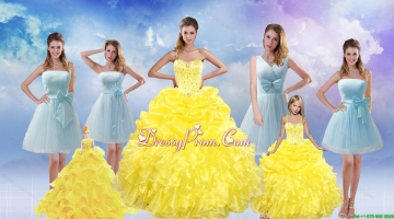 Yellow Sweetheart Rufflers Beading Quinceanera Dress and Bownot Short Prom Dresses and Yellow Spaghetti Straps Beading Pageant Dresses for Little Girl