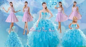 Baby Blue Ball Gown Ruffles Quinceanera Dress and Lilac Short Dama Dresses and Applique and Ruffles Little Girl Dress