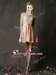 Best Selling Laced and Belted Short Dama Dress in Peach