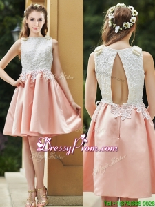 Elegant Bateau Open Back Applique Short Dama Dress in Pink