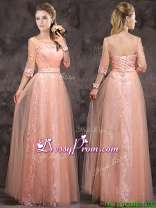 Exquisite See Through Applique and Laced Long Dama Dress in Peach