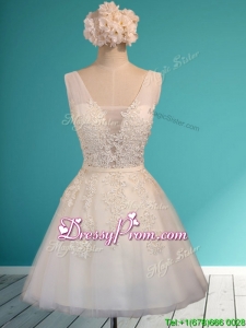 Gorgeous White Deep V Neckline Dama Dress with Appliques and Belt