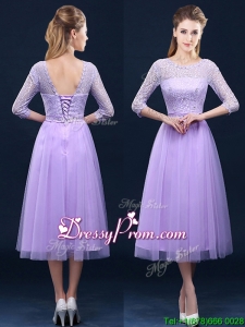 Latest Half Sleeves Tea Length Laced Dama Dress in Lavender