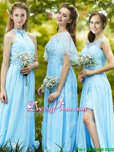 Modest Light Blue Empire Long Dama Dress with Appliques