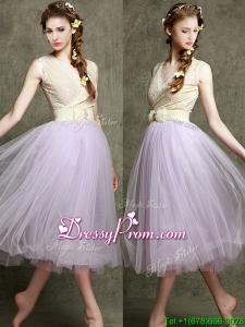 New Style Lavender V Neck Prom Dress with Bowknot and Belt