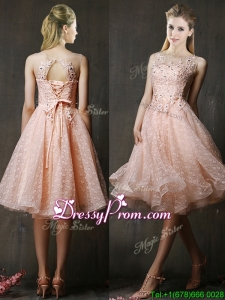 See Through Beaded and Applique Peach Dama Dress with Polka Dot