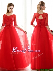 See Through Scoop Half Sleeves Red prom Dress with Lace and Belt