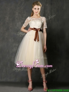 See Through Scoop Short Sleeves Dama Dress with Bowknot and Lace