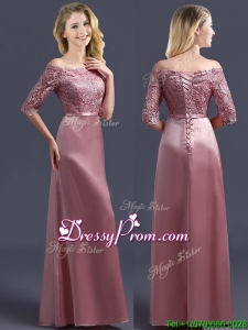 Sweet Off the Shoulder Half Sleeves Dama Dress with Lace and Belt