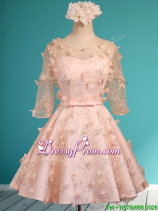 Wonderful Applique and Belted Scoop Short Dama Dress in Peach