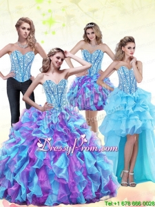 2015 Custom Made Beading and Ruffles Sweetheart Quinceanera Dresses in Multi Color